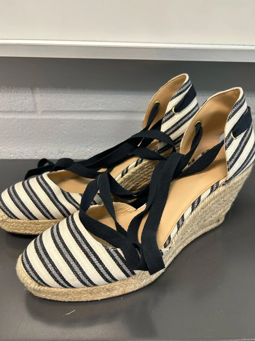 J.Crew Striped Espadrille Wedge Ankle-Tie Sandals - Black & White 9.5